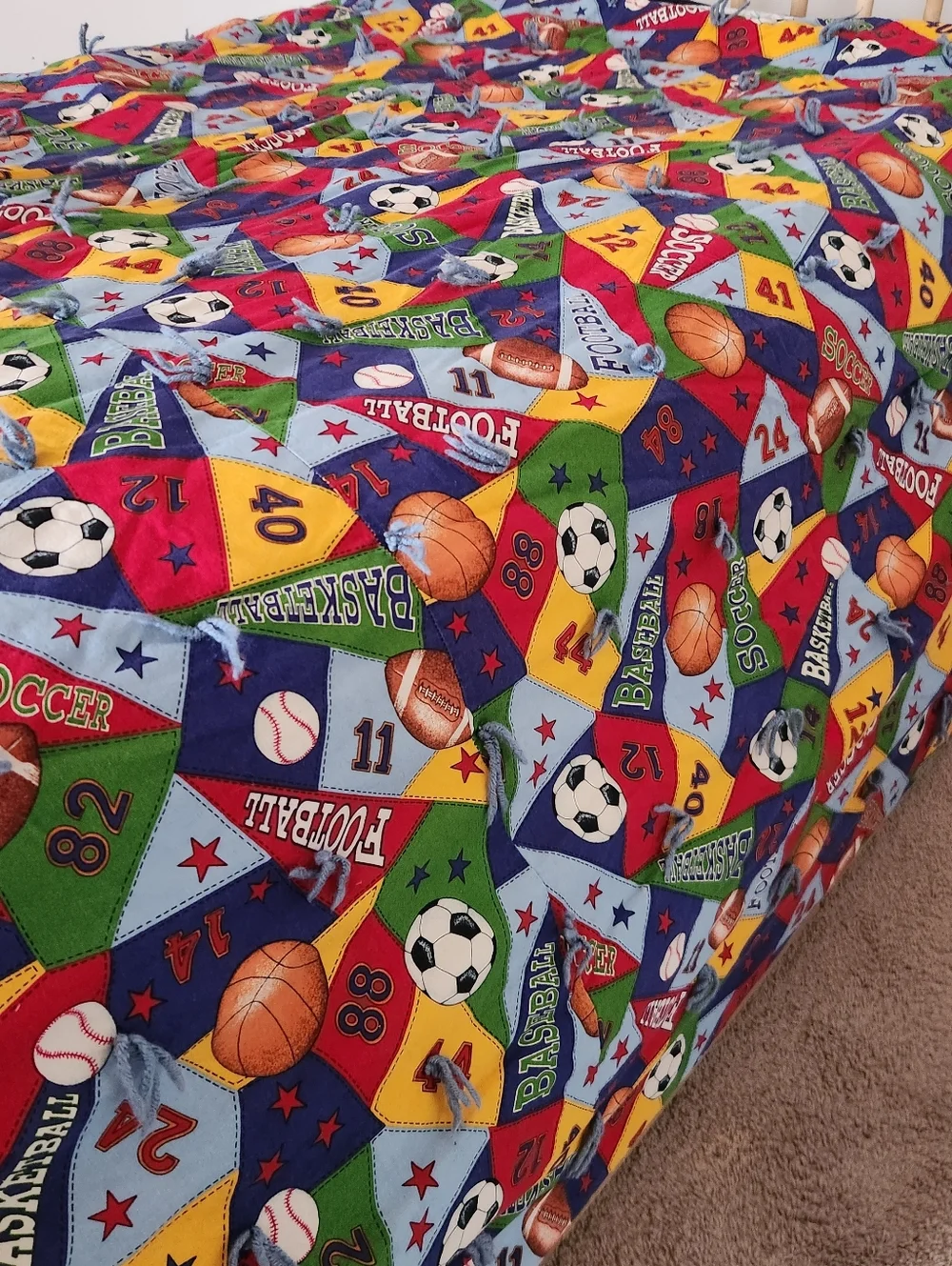 HANDMADE Quilt Twin Sports Football Soccer Boys Cotton Plaid Flannel Back Tied